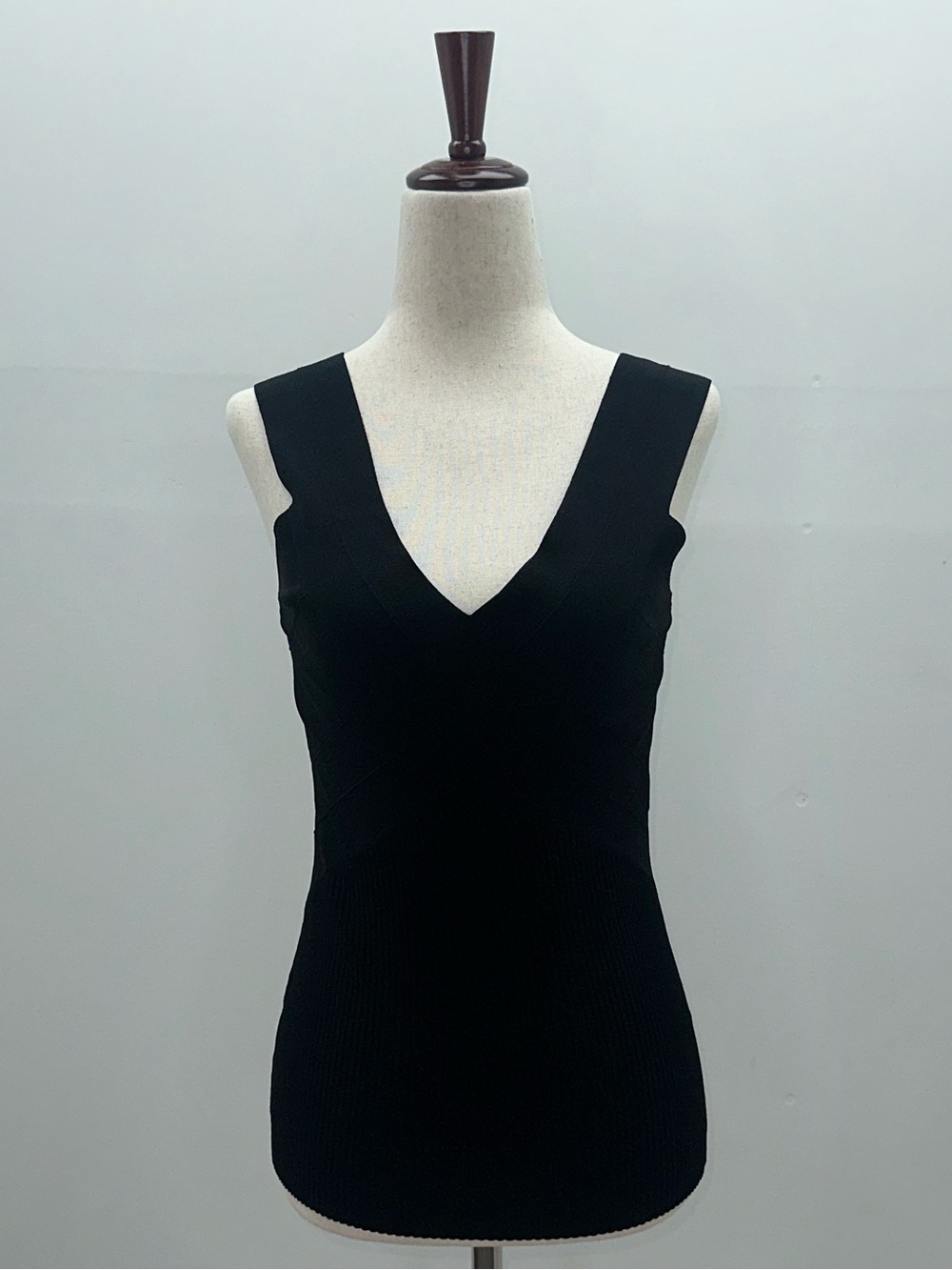 Caché Black Bandage Knit Tank Top V-Neck Ribbed Corset Style Cami Size XS
